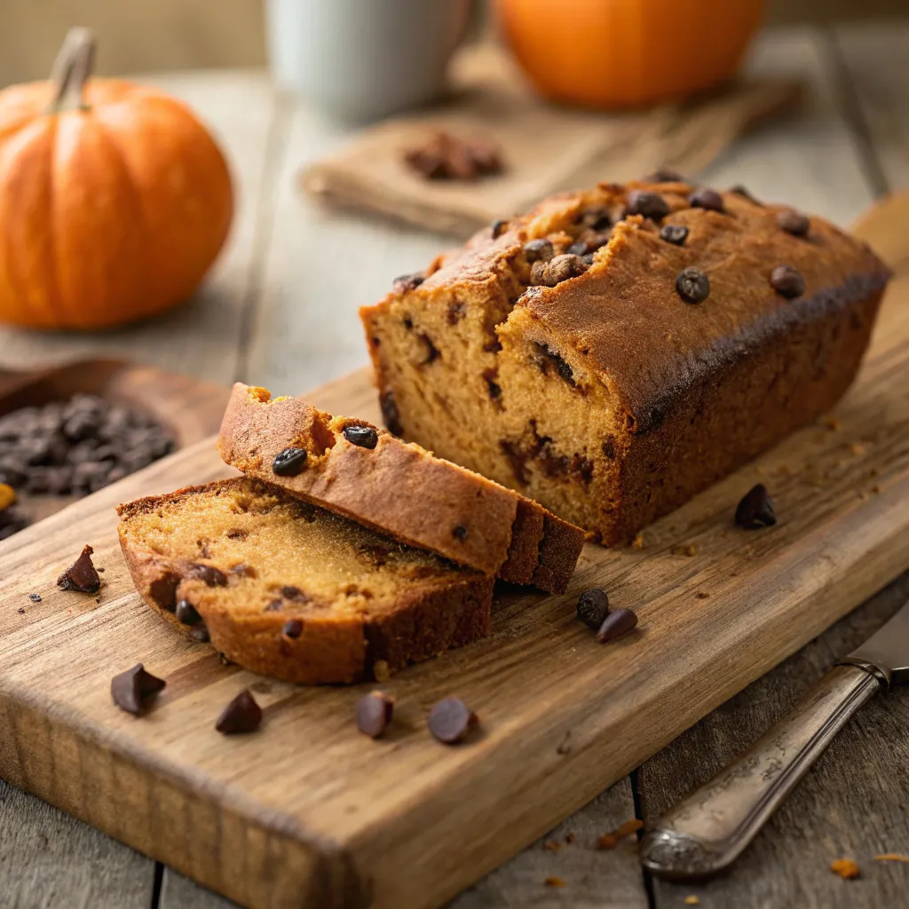Pumpkin chocolate chip bread sliced on a wooden board