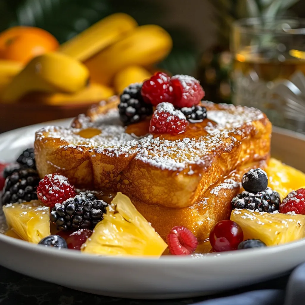 Golden Hawaiian Roll French Toast topped with powdered sugar, blackberries, raspberries, blueberries, and pineapple slices, drizzled with maple syrup, in a cozy breakfast setting.