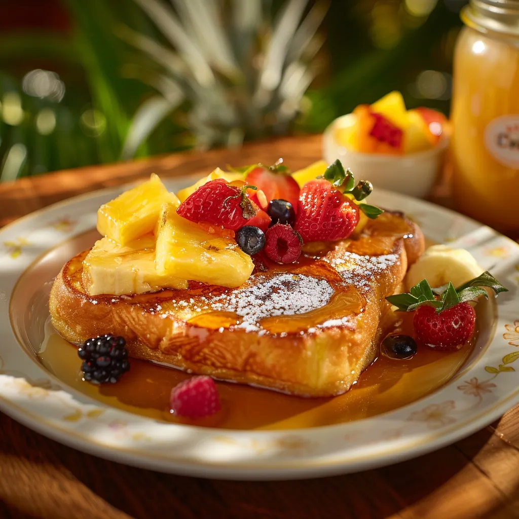 Golden Hawaiian Roll French Toast with pineapple chunks, strawberries, raspberries, and blueberries, dusted with powdered sugar and maple syrup, served with a glass of orange juice.