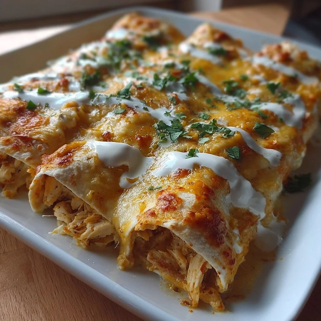 38g protein chicken enchiladas topped with creamy white sauce