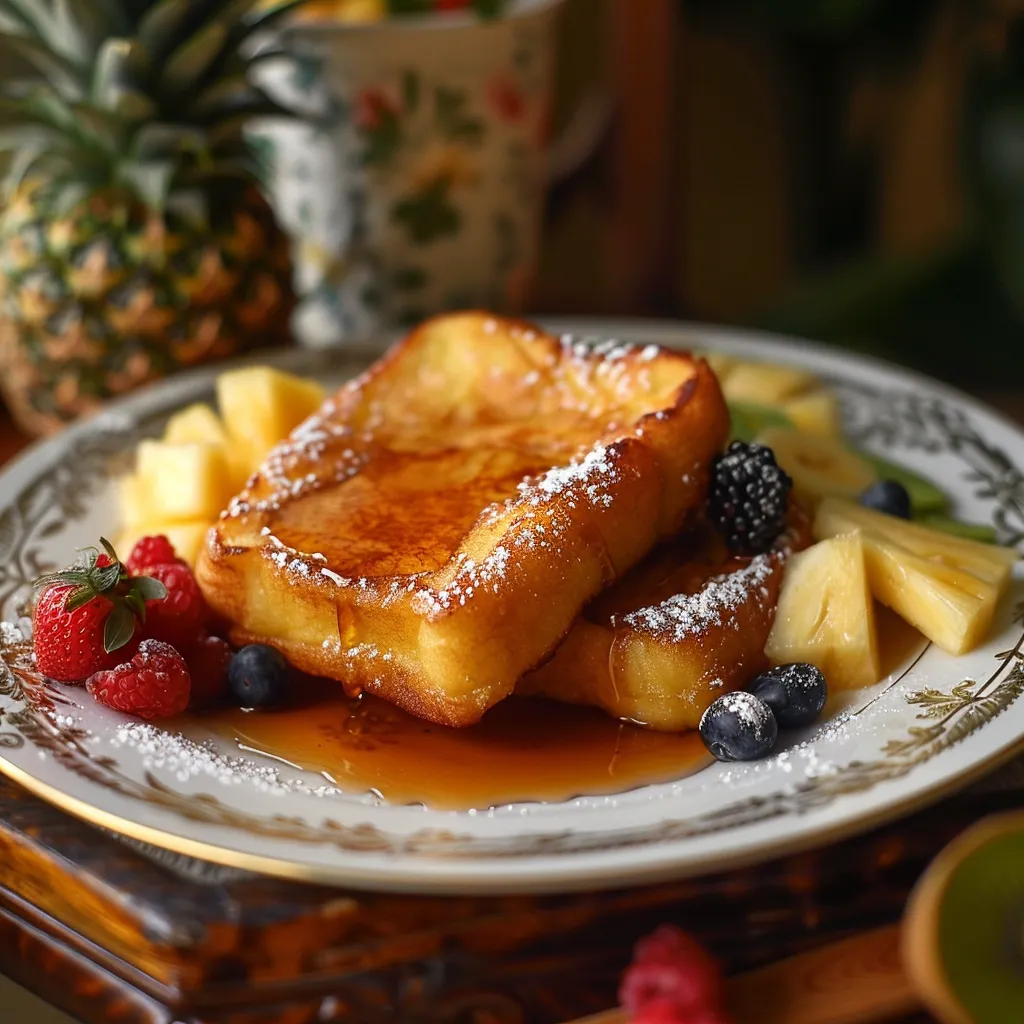 Classic French toast on a vintage plate, served with maple syrup, fresh berries, and pineapple pieces, in a warm tropical breakfast ambiance.