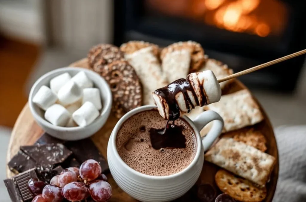 A beautifully arranged hot chocolate charcuterie board with marshmallows and toppings.