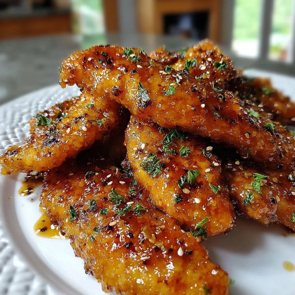 Crispy air fryer honey butter garlic chicken tenders served with dipping sauce
