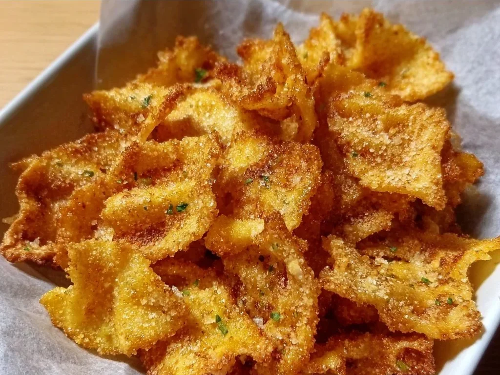 Crispy air fryer pasta chips served with dip