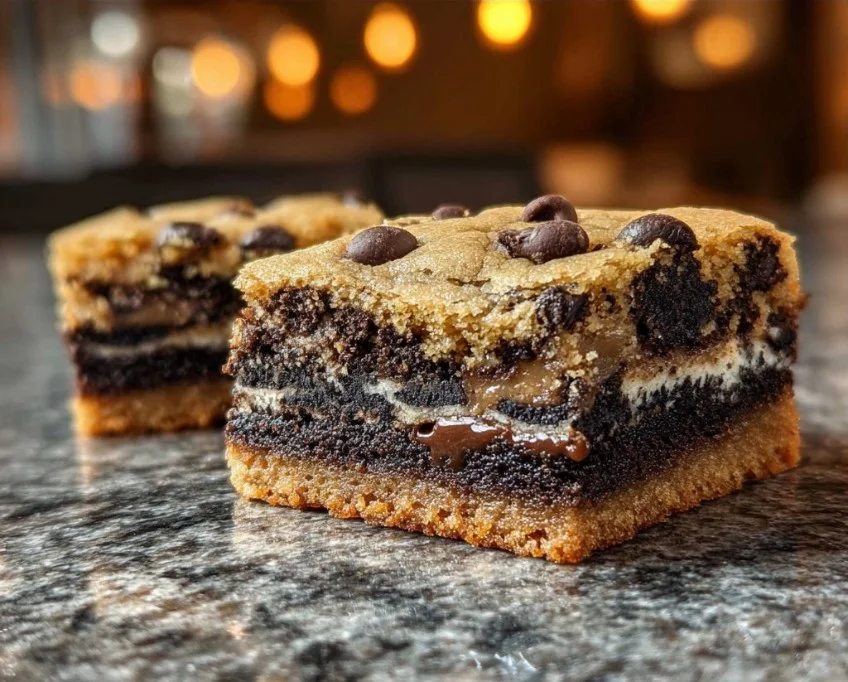 Delicious three-layer slutty brownies with cookie dough on top