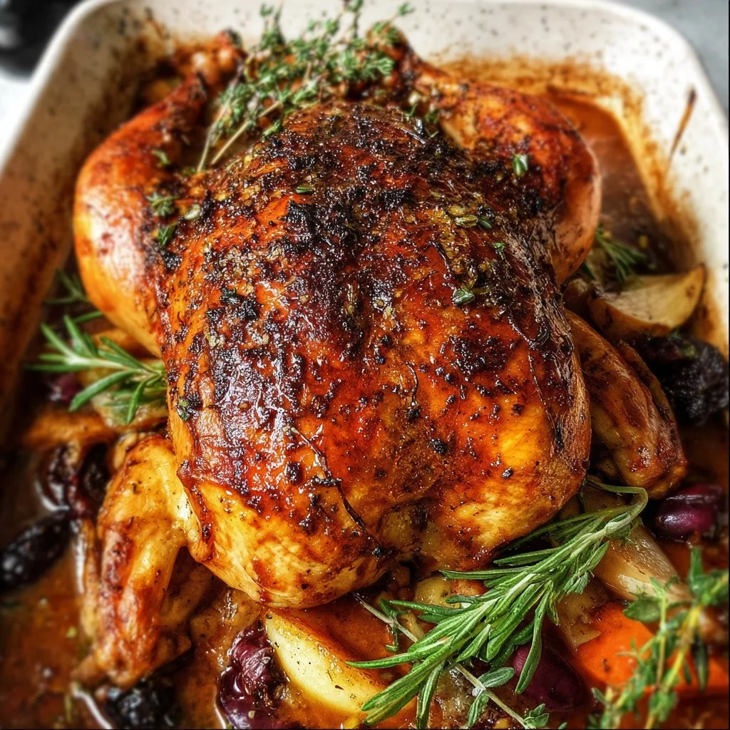 Delicious Apple Cider Roasted Chicken garnished with herbs and apple slices