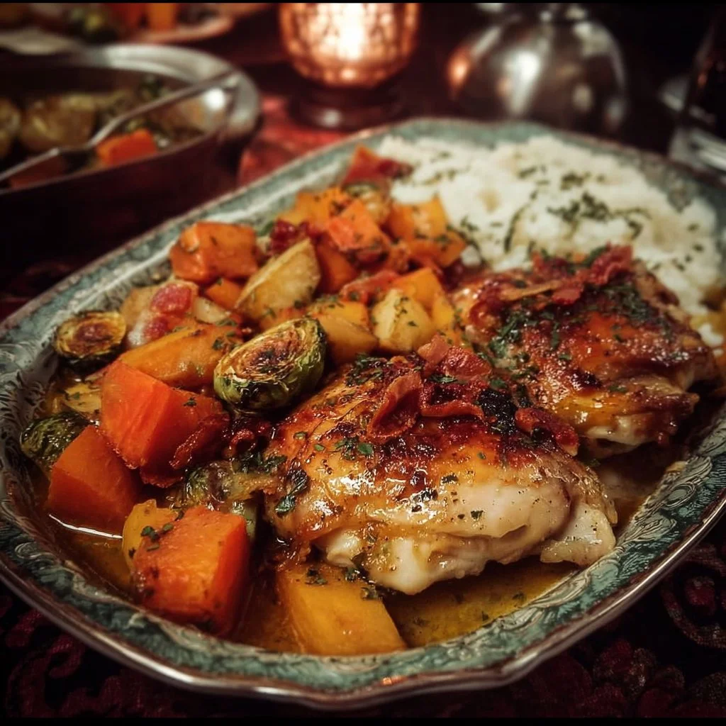 A delectable autumn chicken dinner served with seasonal vegetables.