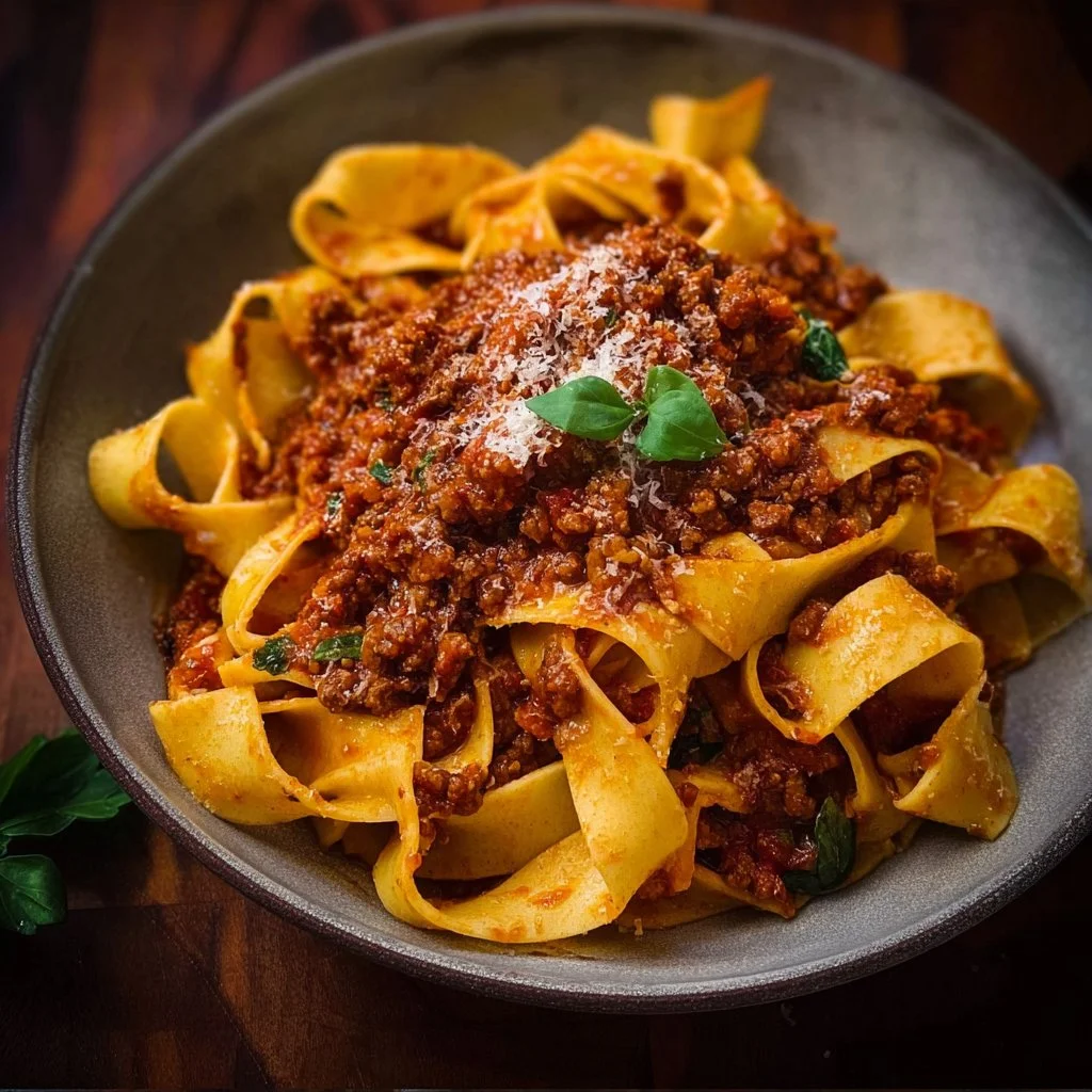 Delicious Bolognese sauce served with pappardelle pasta on a plate