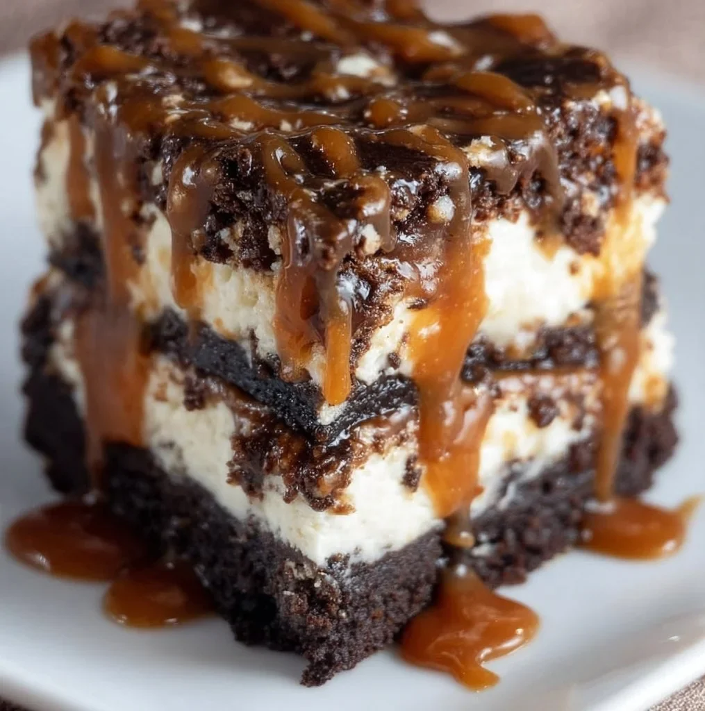 Delicious caramel brownie cheesecake with a rich chocolate layer and creamy topping.