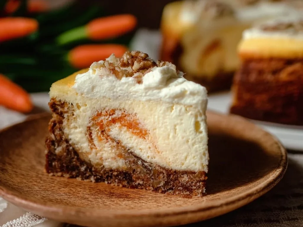 Delicious carrot cake cheesecake topped with cream cheese frosting and nuts