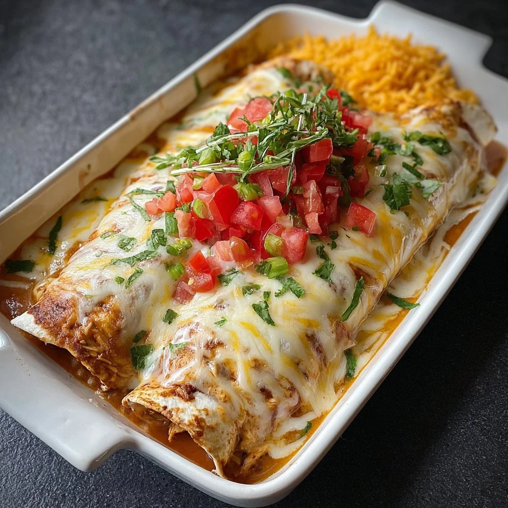 Delicious cheese chicken enchiladas topped with melted cheese and fresh herbs