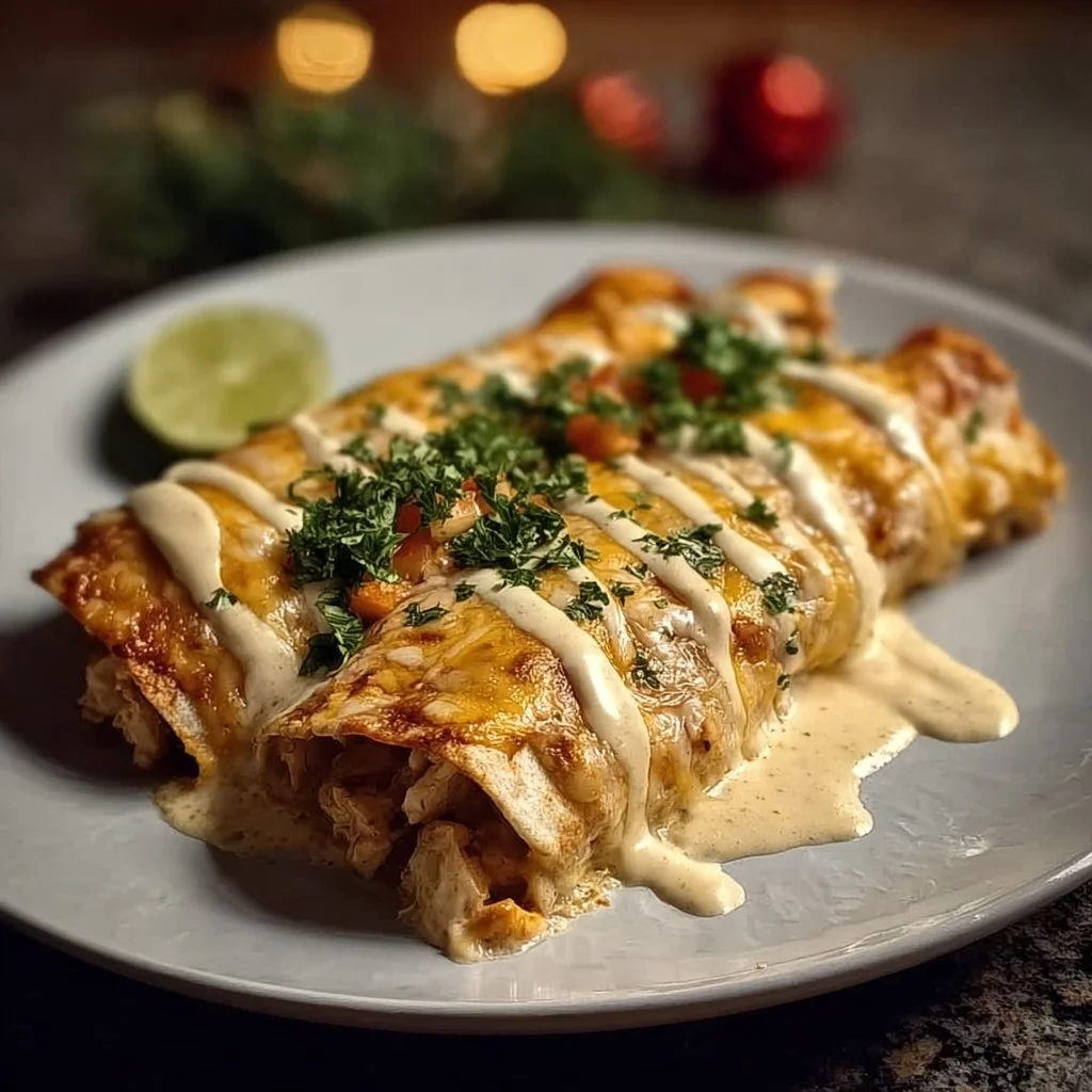 Baked cheesy chicken enchiladas topped with creamy sauce and cheese
