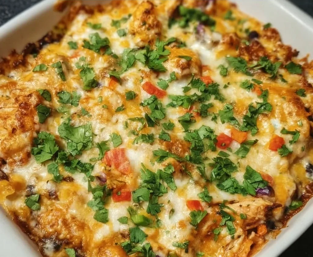 Delicious Chicken Burrito Casserole baked with flavorful ingredients and topped with cheese