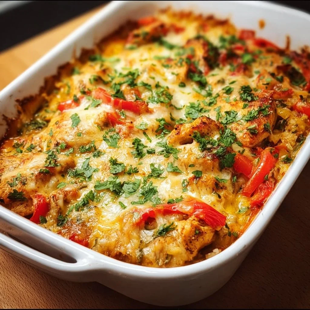 Delicious Chicken Fajita Casserole topped with cheese and colorful veggies