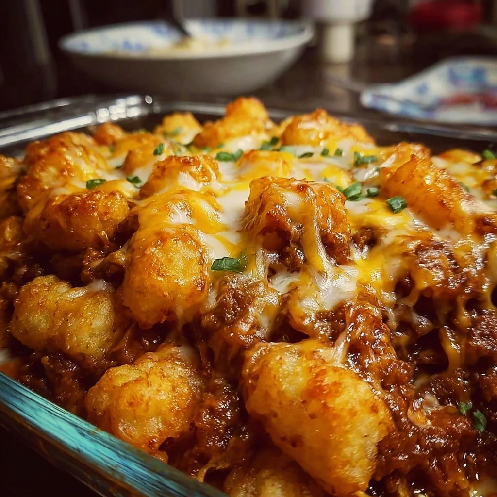 Delicious Chili Cheese Tater Tot Casserole served in a baking dish