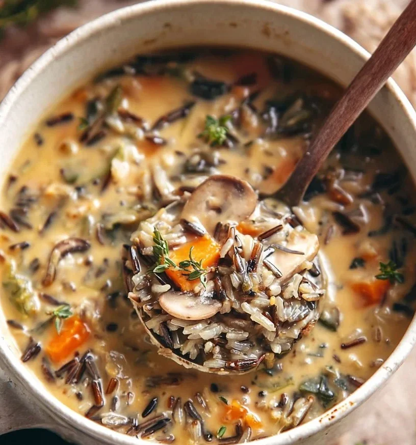 Bowl of cozy autumn wild rice soup with vegetables and herbs