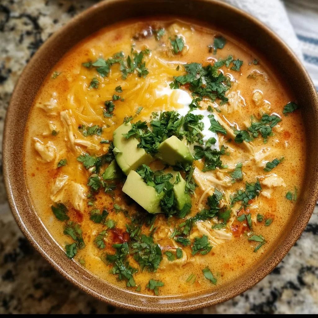 Bowl of creamy chicken enchilada soup with toppings of avocado and cilantro