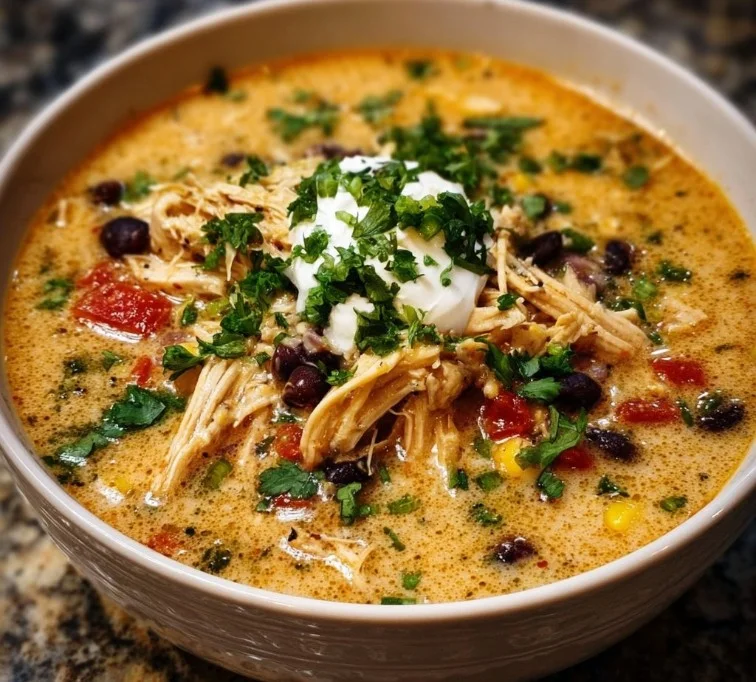 Bowl of creamy chicken enchilada soup topped with cilantro and cheese