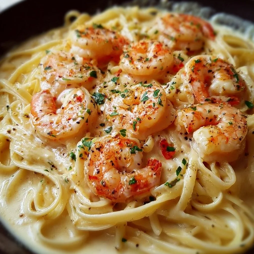 Creamy garlic shrimp pasta served in a bowl with fresh herbs and grated cheese