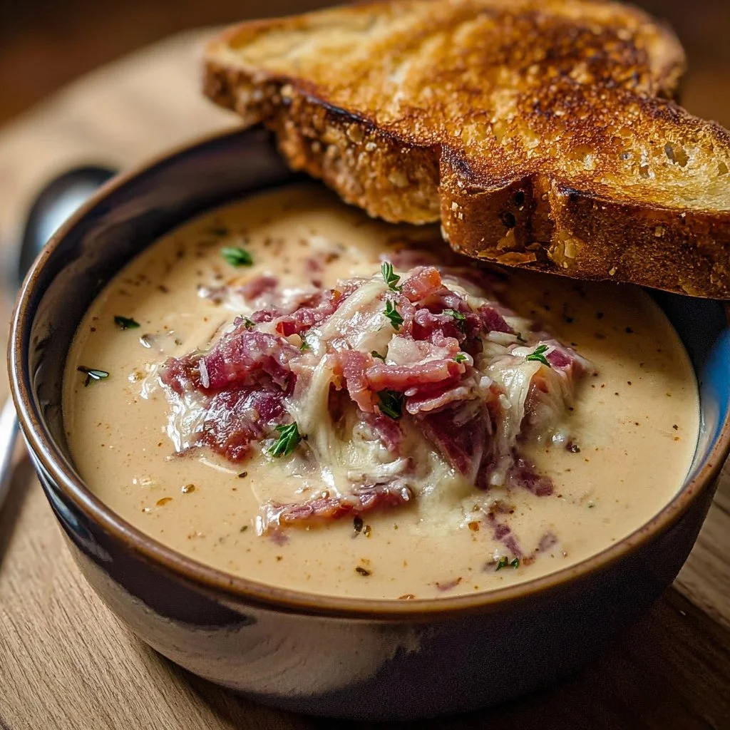 Bowl of creamy Reuben soup with corned beef, sauerkraut, and melted cheese