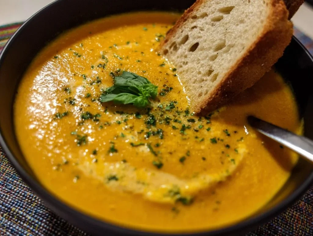 Bowl of creamy roasted veggie soup with colorful vegetables garnished with herbs