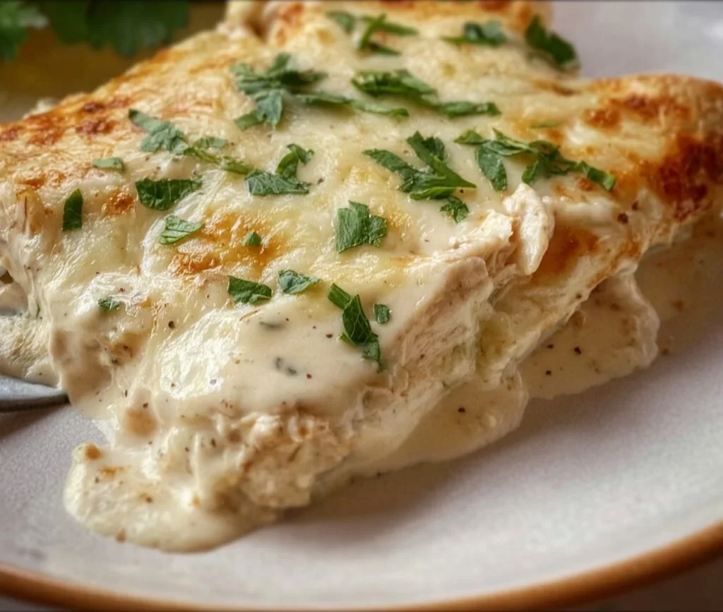 Creamy White Chicken Enchiladas Casserole topped with cheese and cilantro