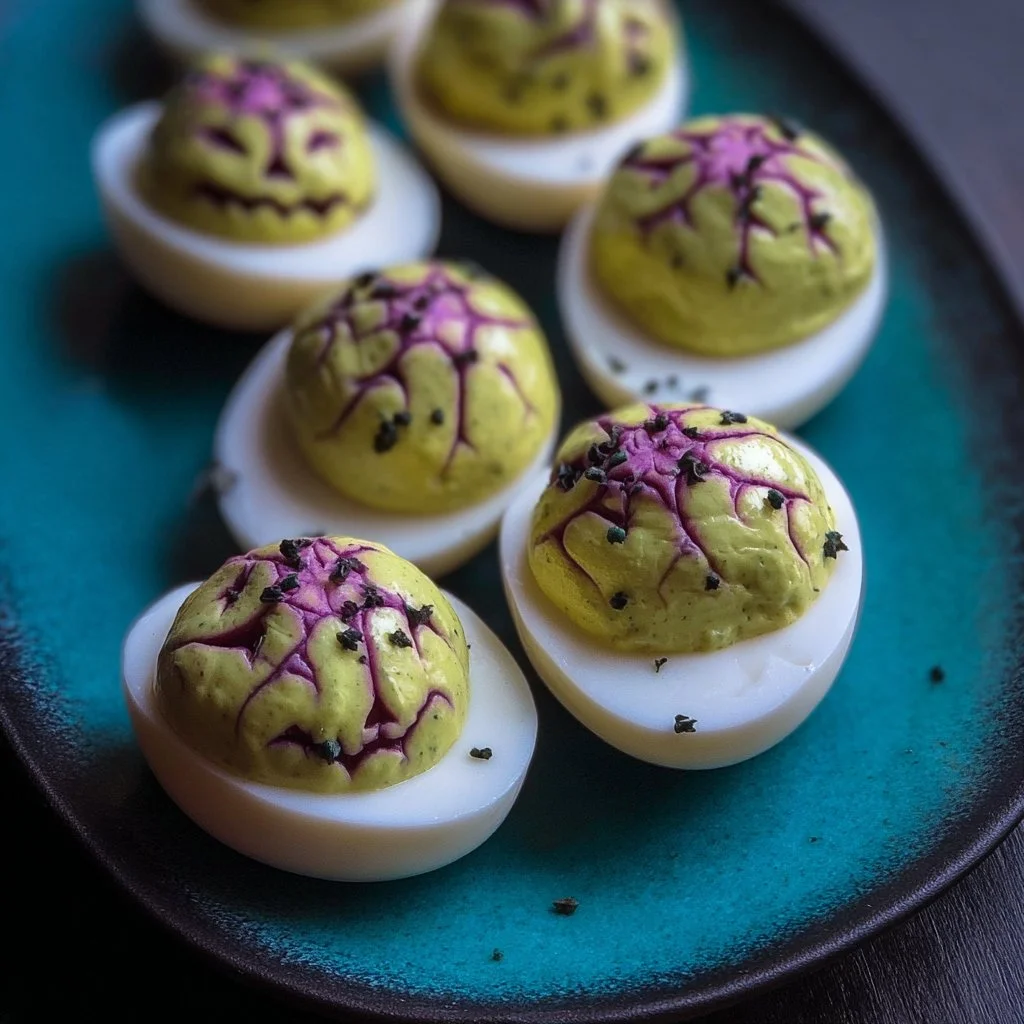 Creepy deviled eggs decorated for Halloween party