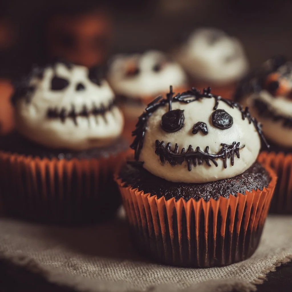 Creepy Halloween Skull Cupcakes decorated for spooky festivities