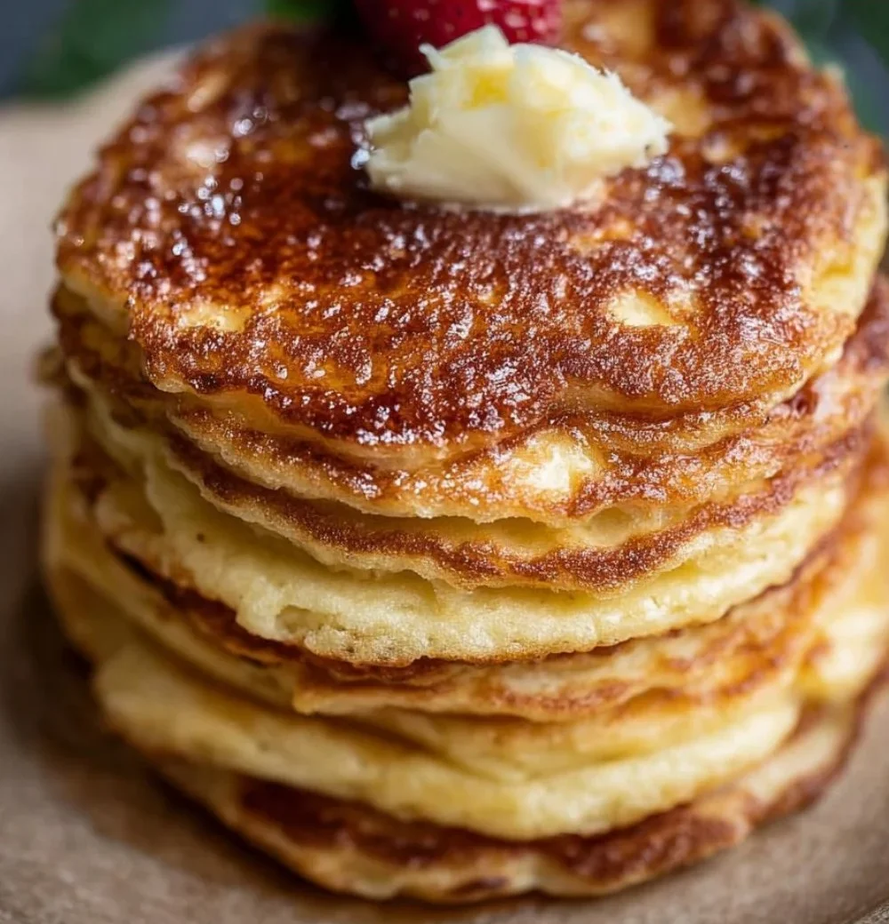Stack of delicious keto pancakes topped with fresh berries and syrup