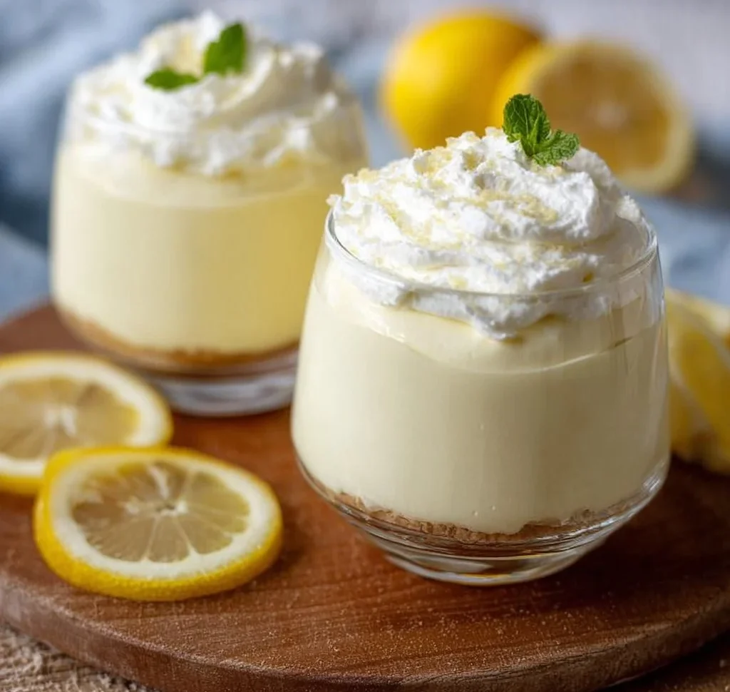 Creamy lemon mousse served in a glass with lemon slices for garnish