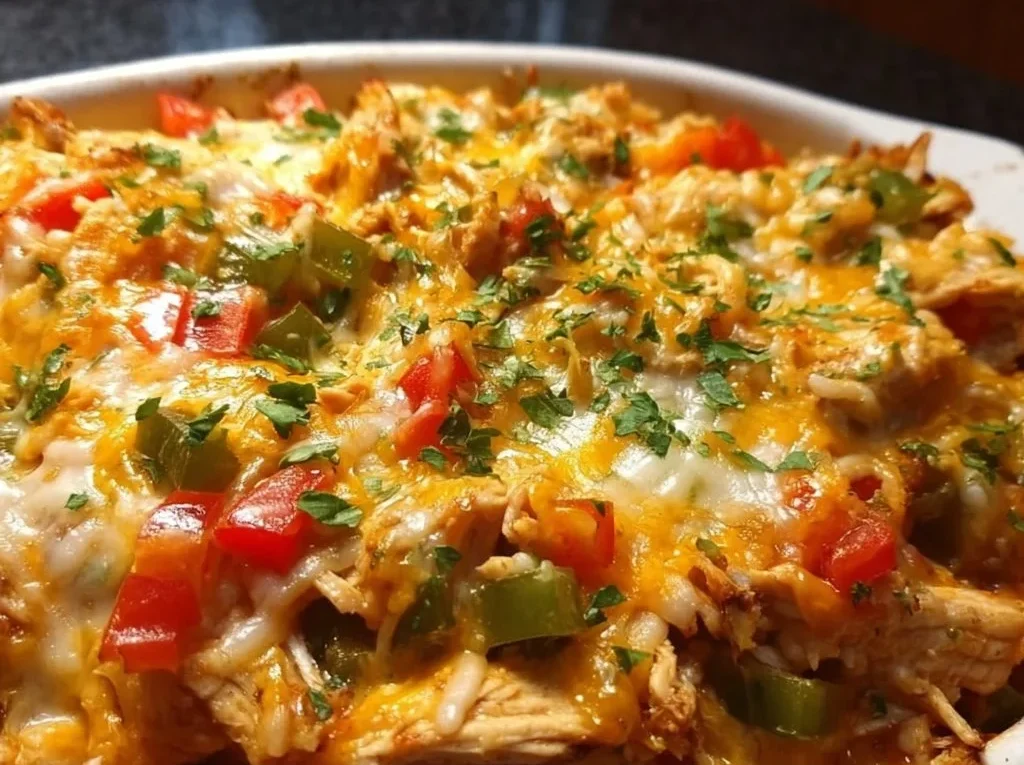 Fajita Chicken Casserole topped with peppers and cheese, served in a baking dish.