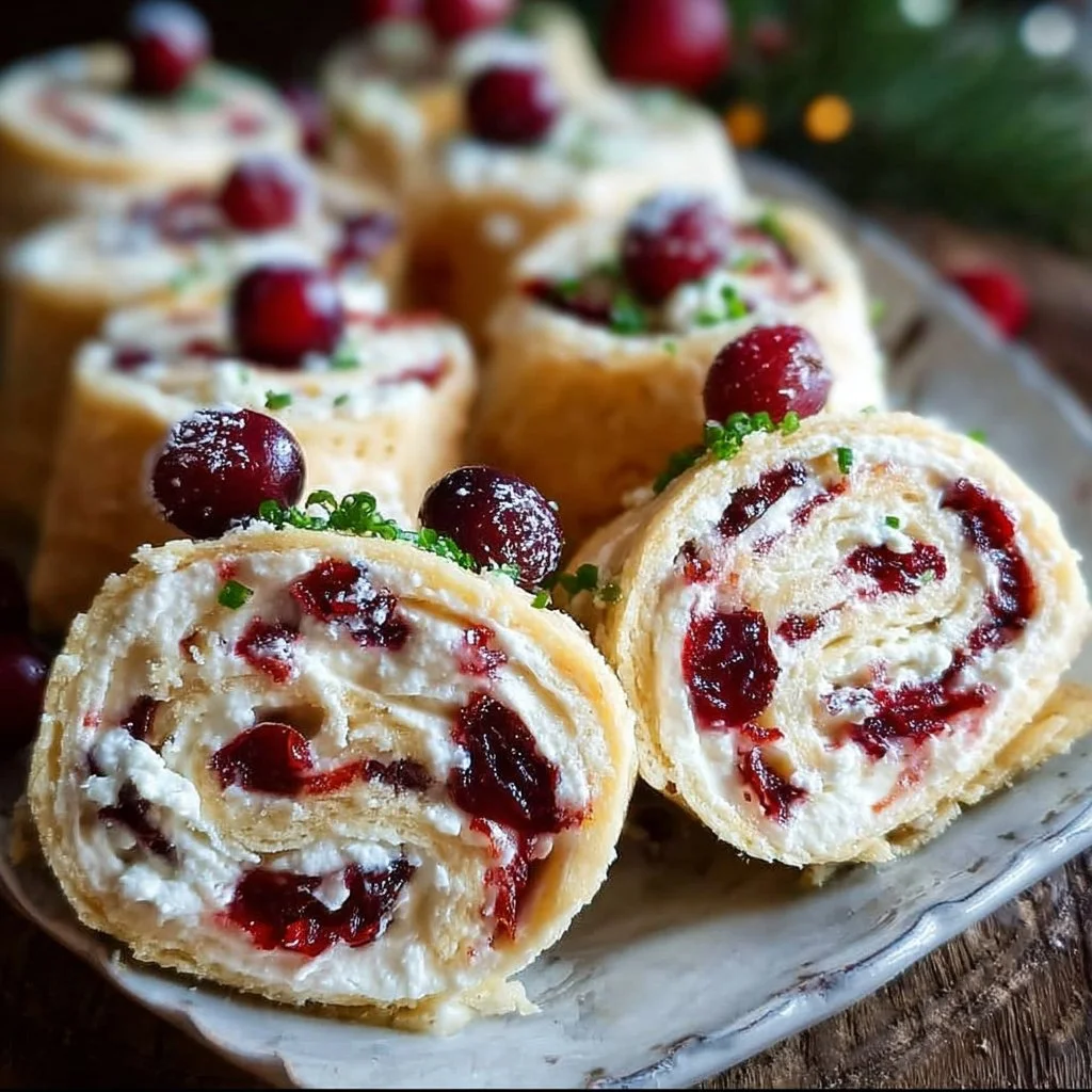 Festive Christmas Cranberry Roll Ups served on a holiday platter