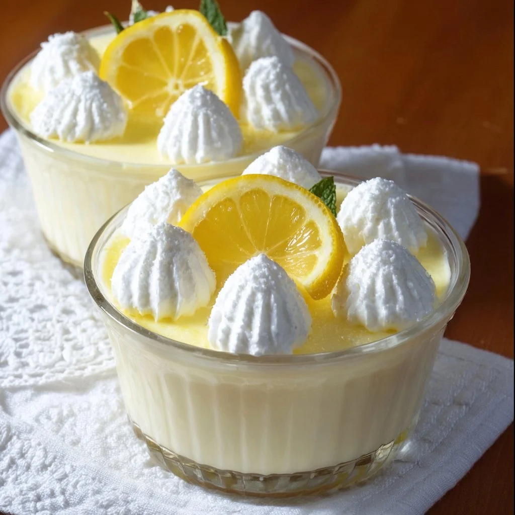 A bowl of fresh lemon mousse topped with lemon zest and mint leaves.