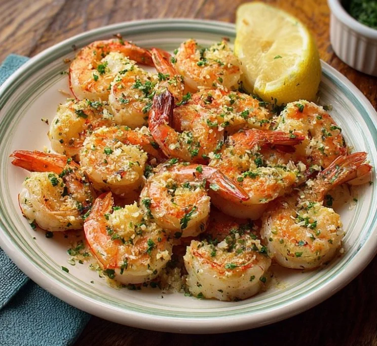 Delicious Garlic Parmesan Roasted Shrimp served on a plate with herbs.