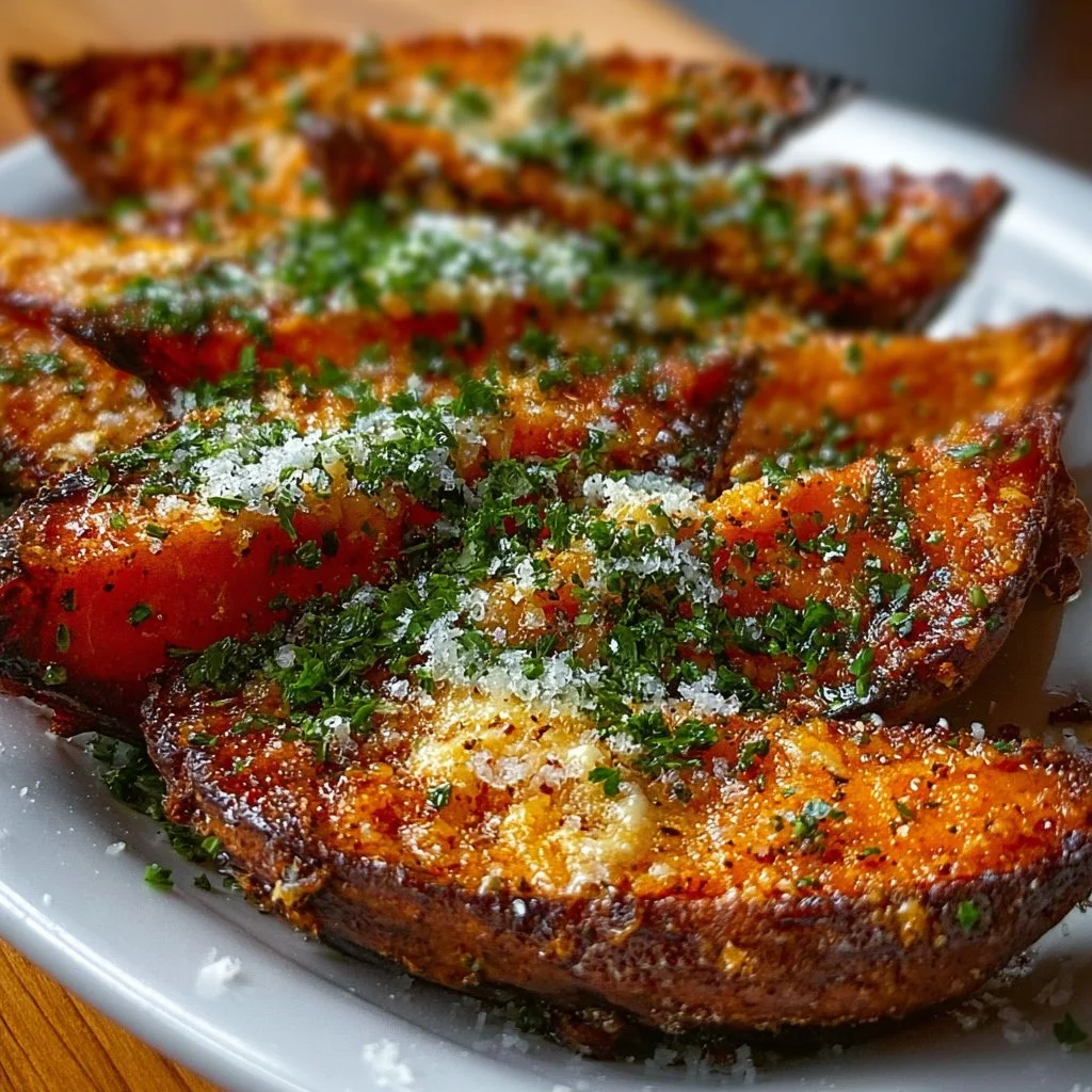 Crispy Garlic Parmesan Sweet Potato Wedges on a plate garnished with herbs