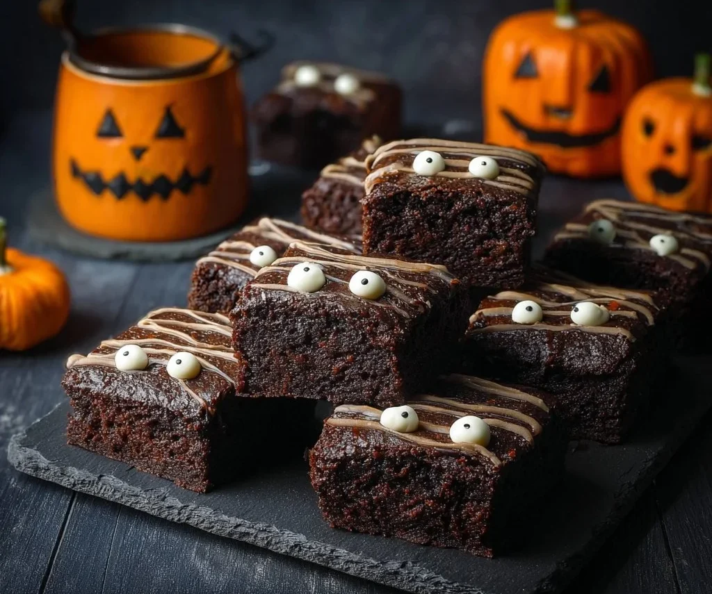 Halloween brownies with spooky decorations for festive celebrations.