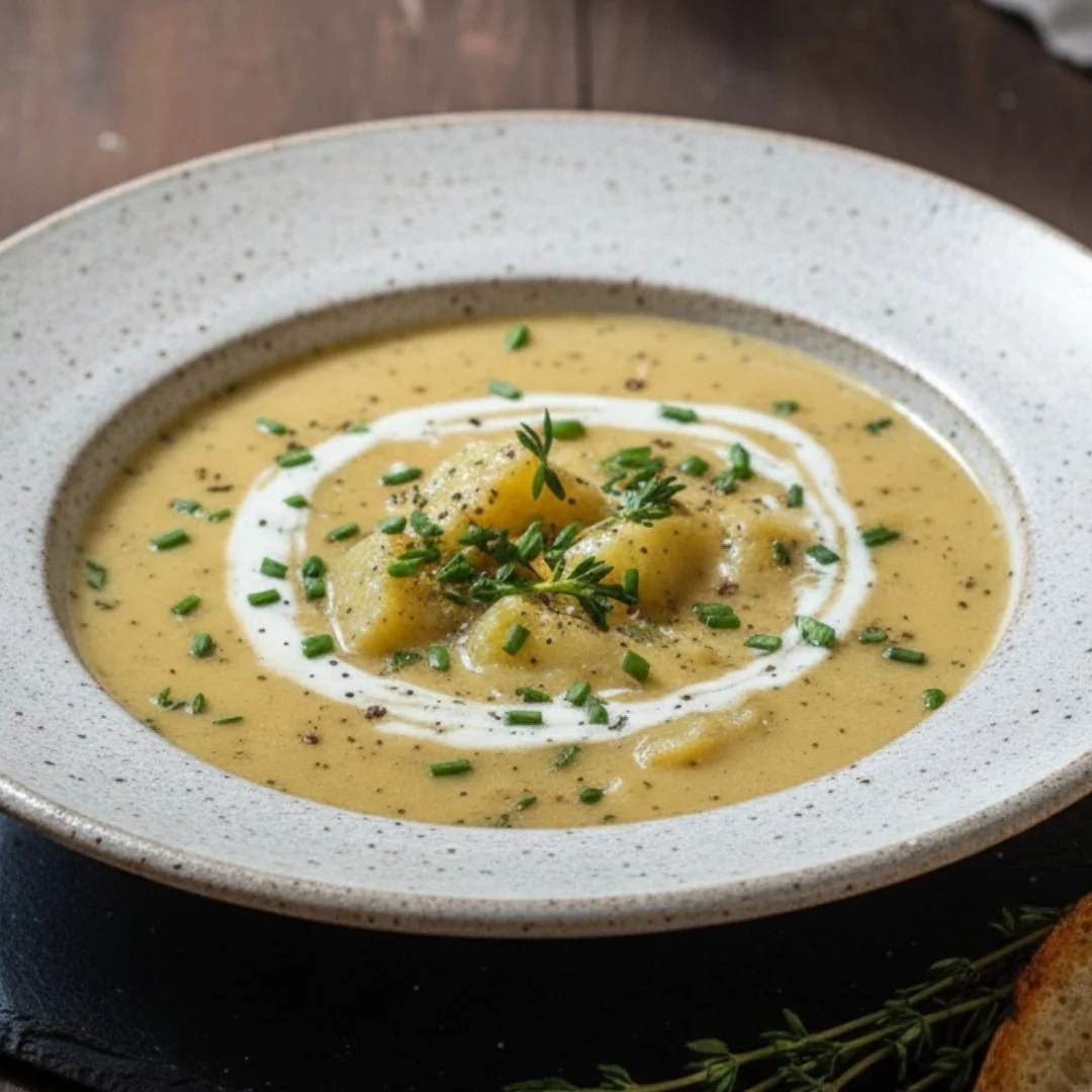 Bowl of hearty cheddar garlic herb potato soup topped with fresh herbs.