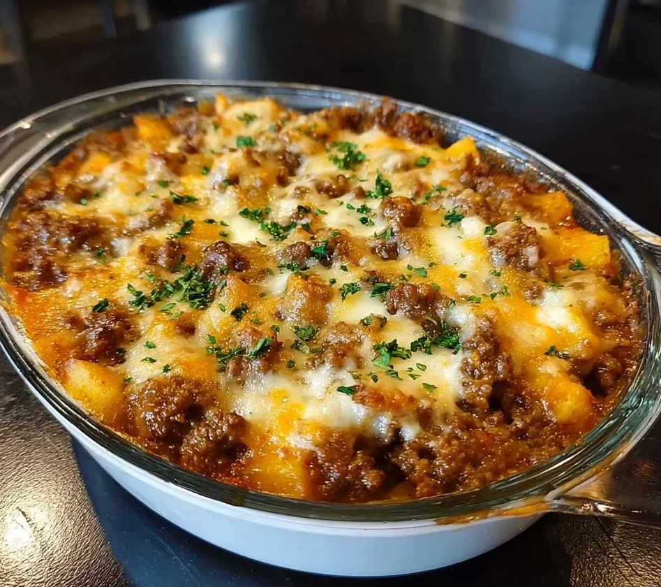 Hobo Casserole with ground beef and mixed vegetables in a baking dish