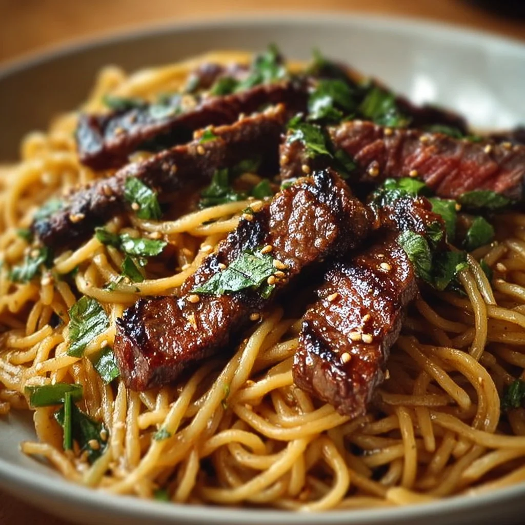 Succulent garlic butter steak served with lightning noodles