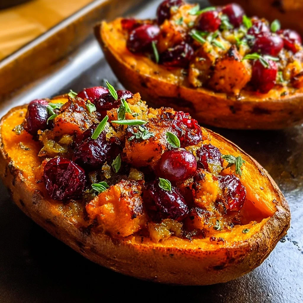 Cranberry apple twice-baked sweet potatoes served in a cozy fall setting.