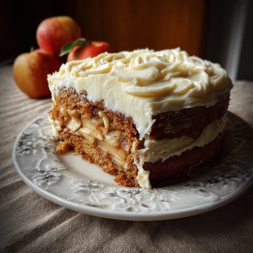 Irresistible fresh apple cake with cream cheese frosting on a white plate