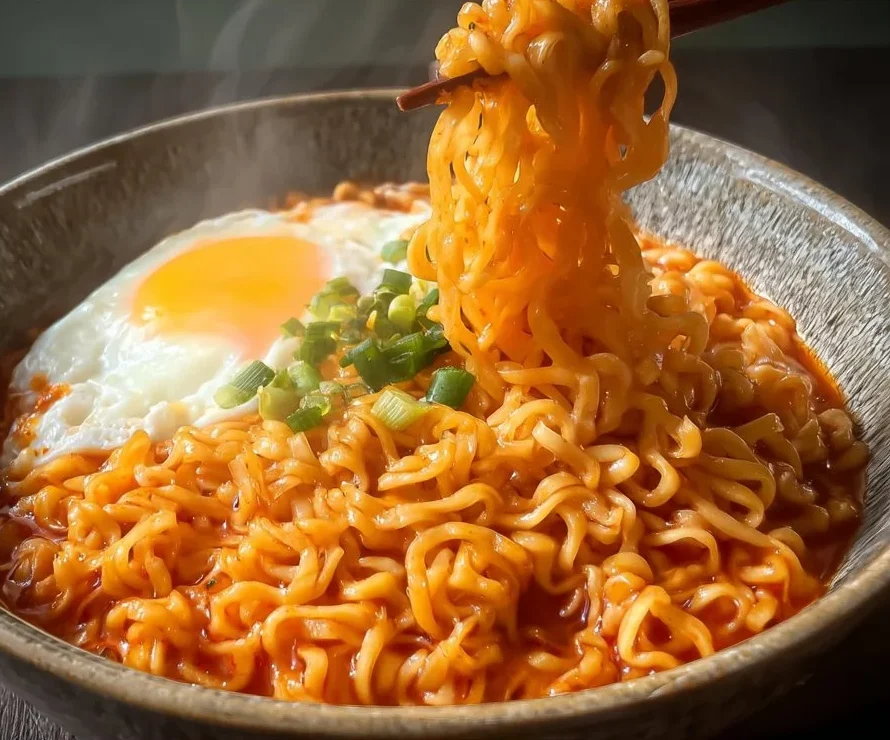 Korean spicy ramen noodles with cheese served in a bowl