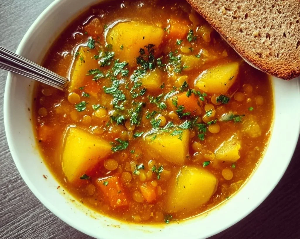 Bowl of delicious Lentil Potato Soup garnished with herbs