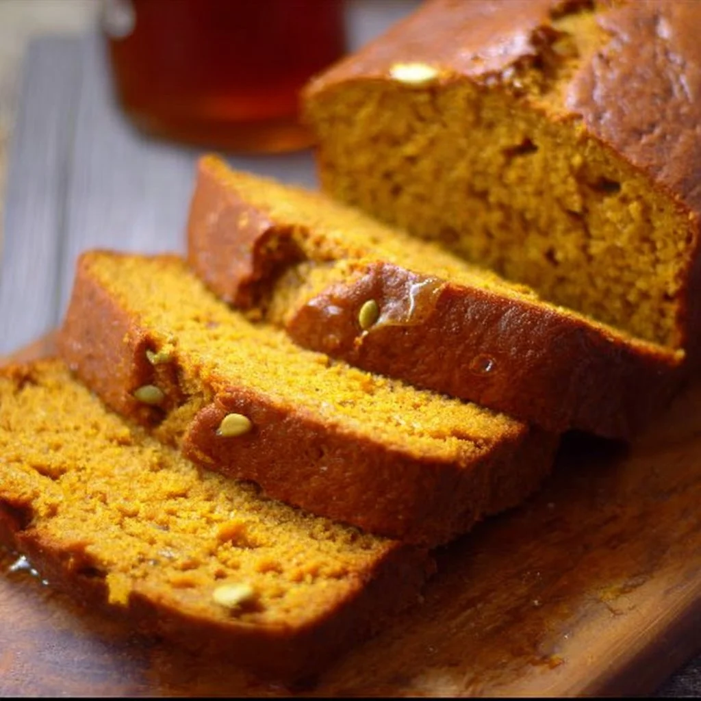Freshly baked Libby's Pumpkin Bread loaf on a wooden table