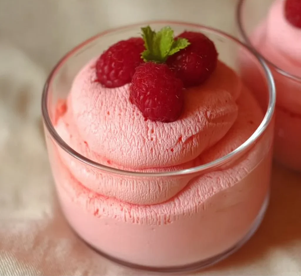 Light and airy raspberry mousse dessert topped with fresh raspberries