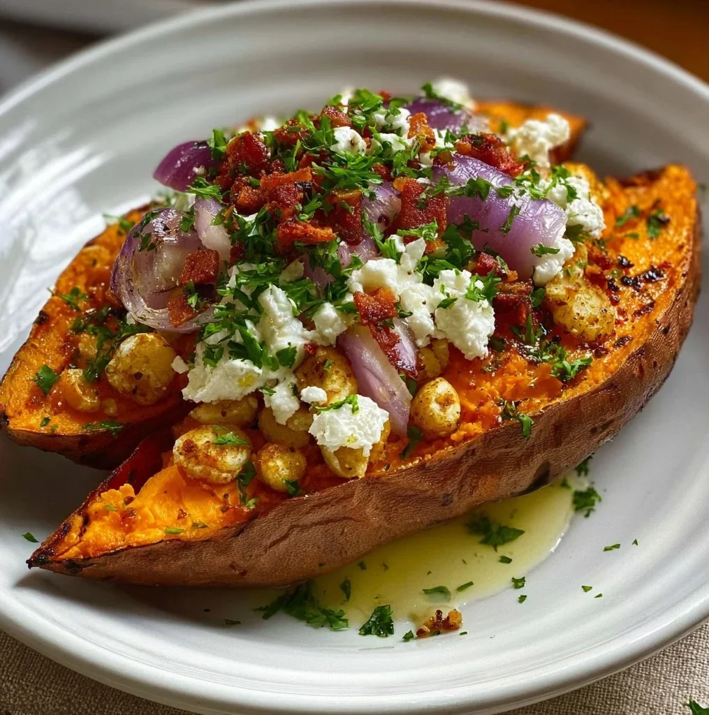 Delicious loaded roasted sweet potato topped with toppings and herbs