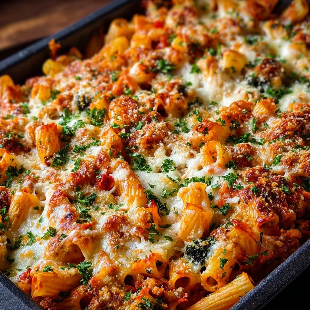 Delicious loaded veggie baked ziti topped with melted cheese and fresh herbs