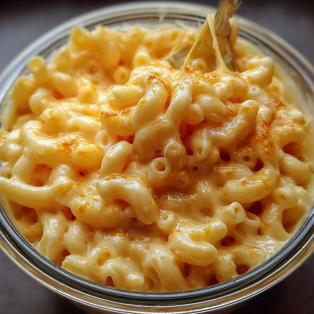 Creamy homemade Mac and Cheese served in a bowl with melted cheese on top.