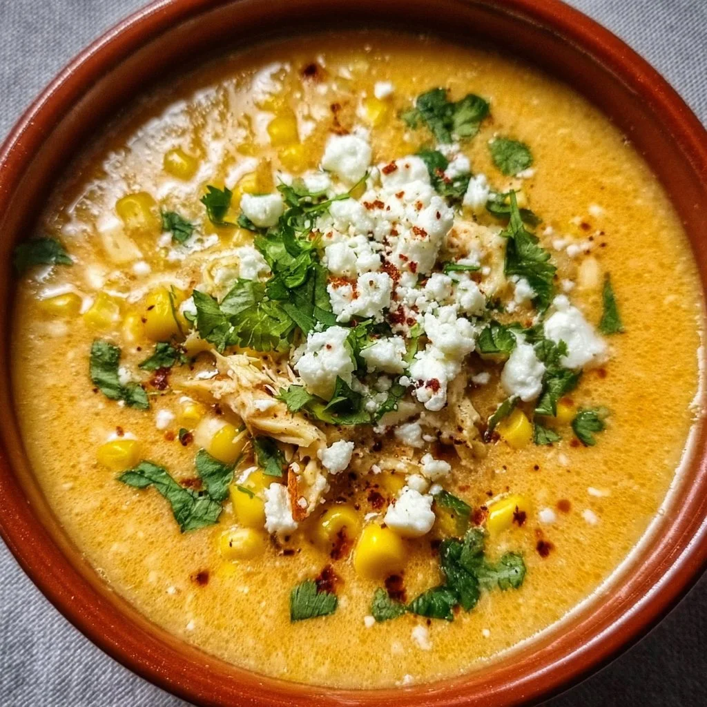 Bowl of Mexican street corn soup garnished with cilantro and lime