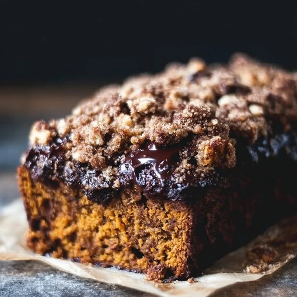 Delicious molten chocolate pumpkin bread with oatmeal streusel topping